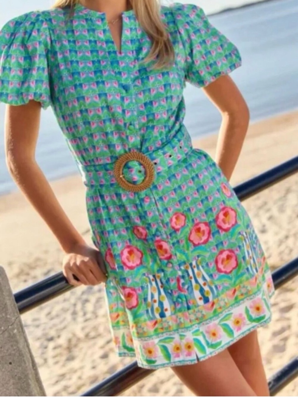 Alden Aqua Blakey Dress w/ Green Floral Puff-Sleeve Mini Dress